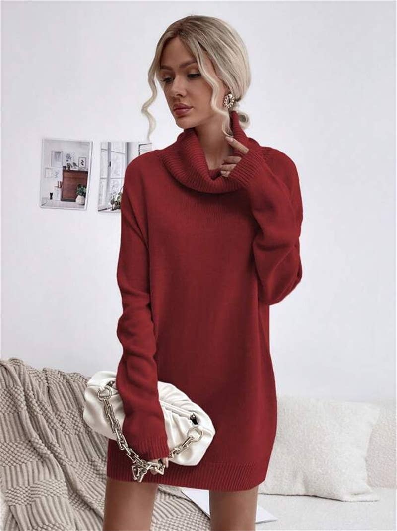 Solid-color loose high-neck knitted dress