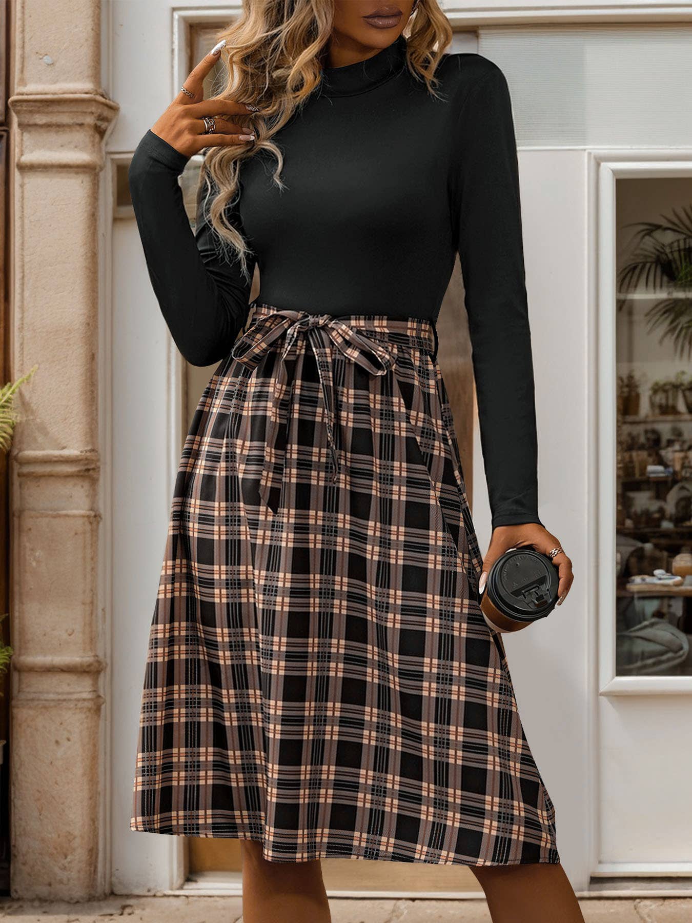 SLIM COMMUTER ELEGANT PLAID LACE-UP DRESS