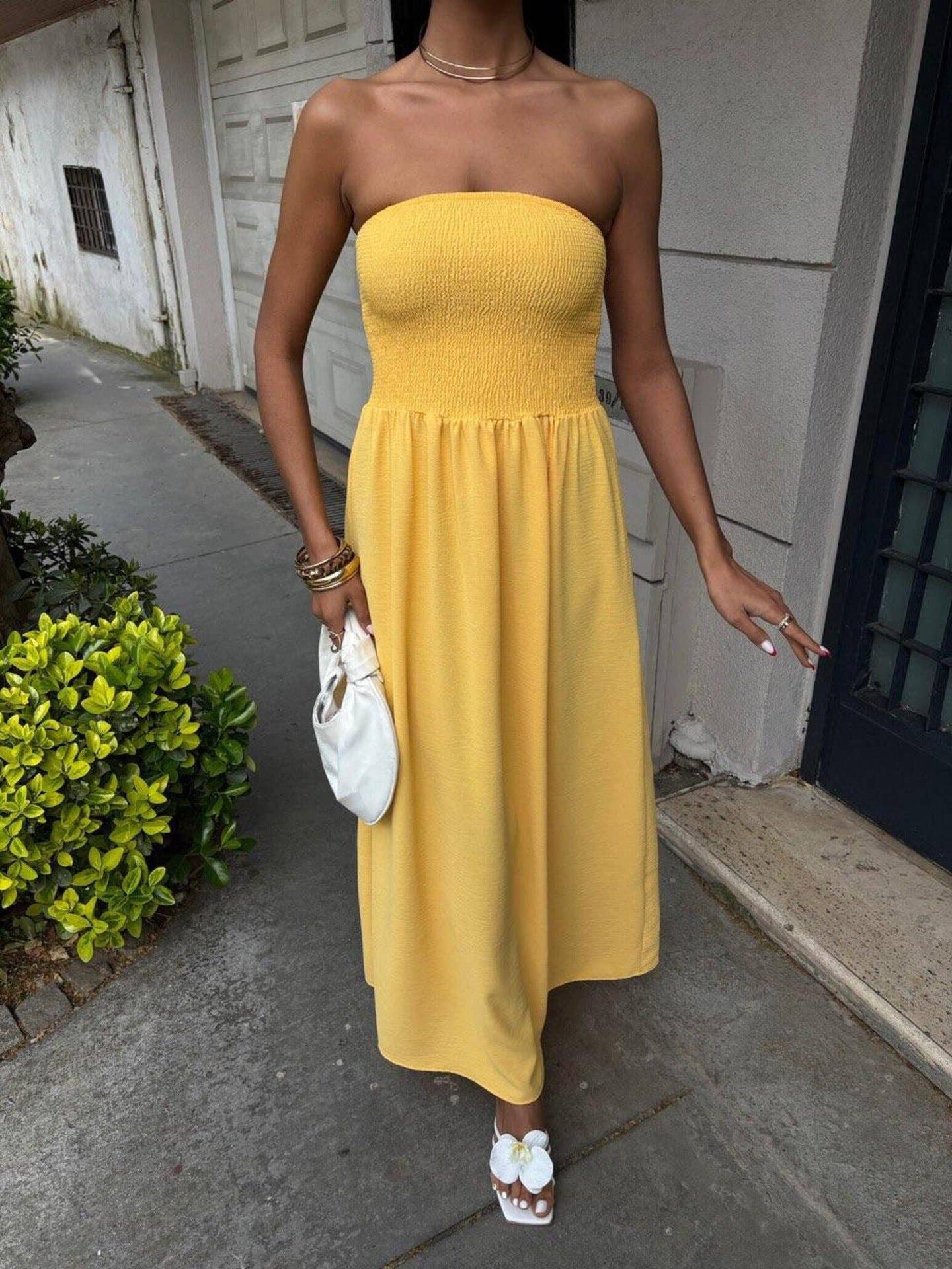 Solid color line neckline waist long style dress