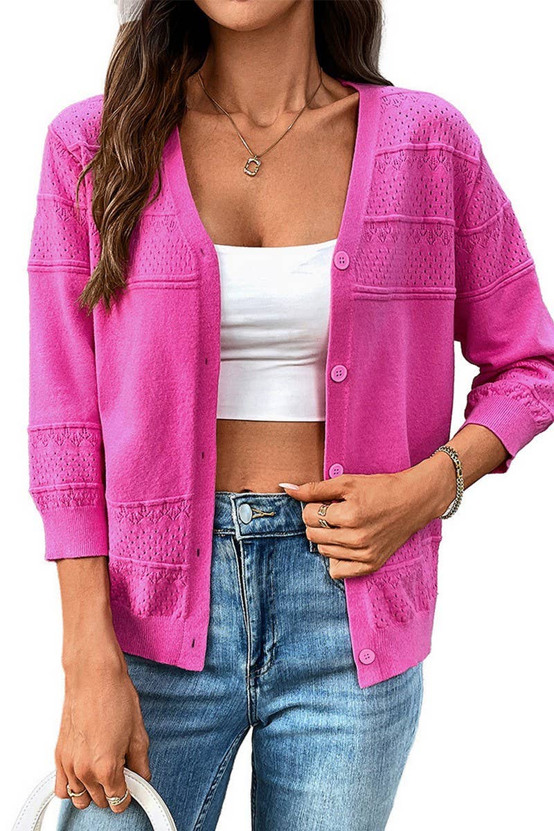CWOCAL2303_THREE-QUARTER SLEEVE HOLLOW KNIT V-NECK CARDIGAN