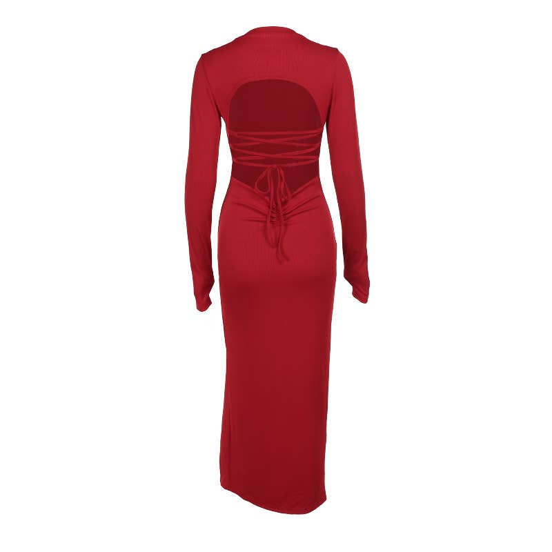 KNIT CREW NECK SPLIT LONG SLEEVE HALTER DRESS