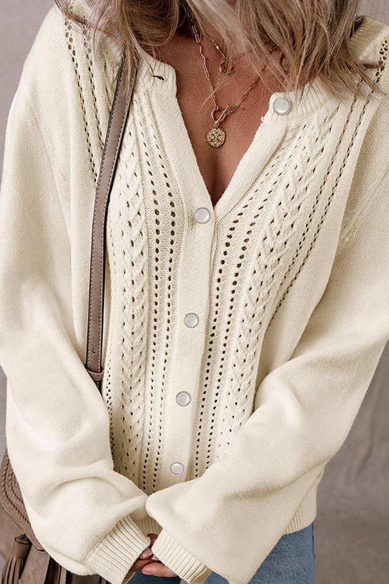 CWOCAL00695_SOLID V NECK HOLLOW OUT BUTTON KNIT CARDIGAN
