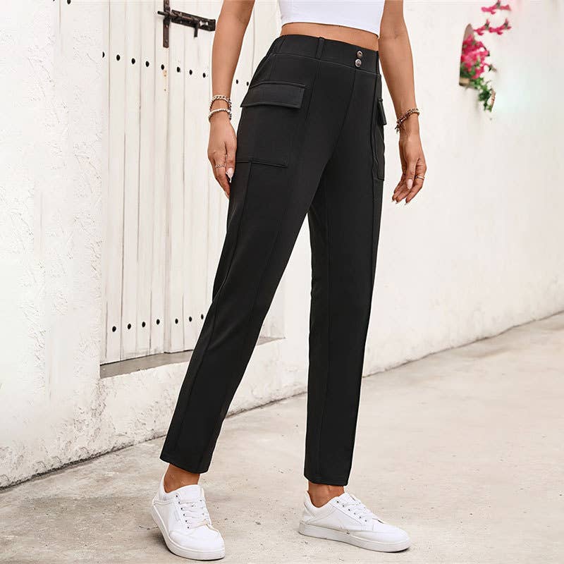 HIGH-WAISTED KNIT BUTTON-UP CASUAL PANTS