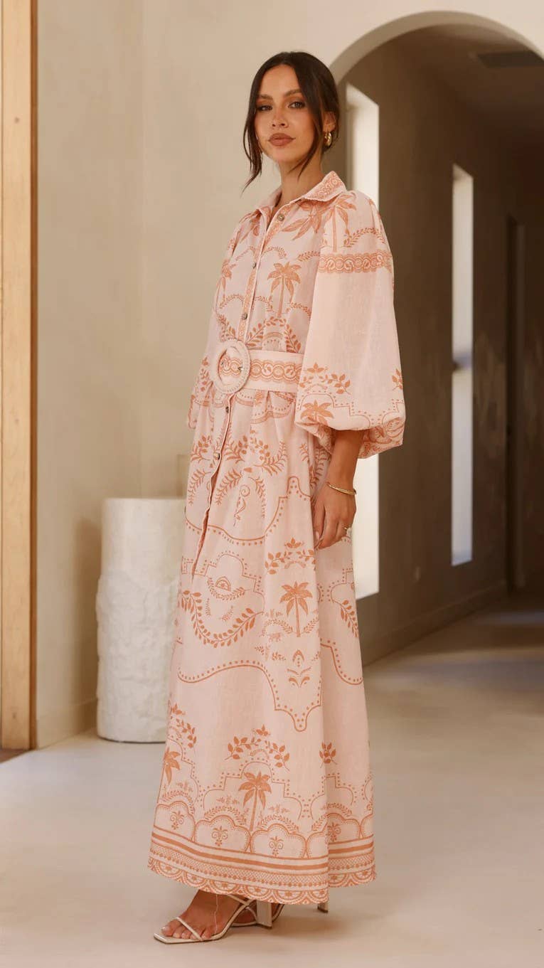 Loose belt cinched waist puffed sleeve dress