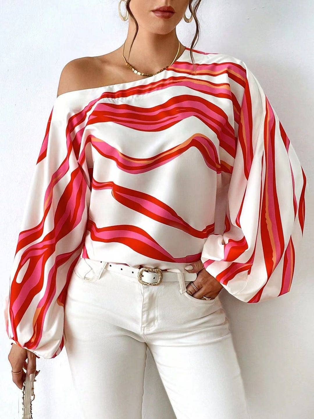 TEMPERAMENT OFF-THE-SHOULDER PRINT COLLAR SHIRT