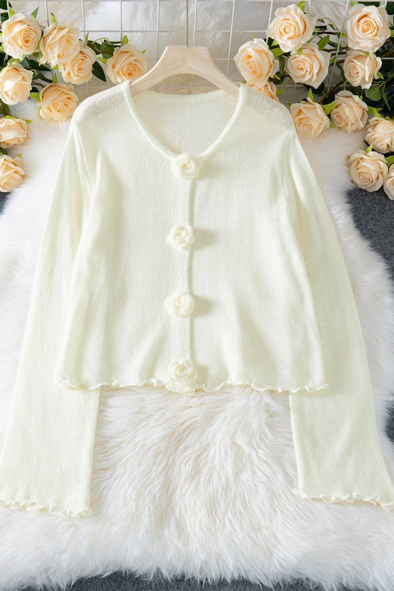 CWOSWL07424_FLORAL APPLIQUE RUFFLE TRIM FITTED KNIT TOP