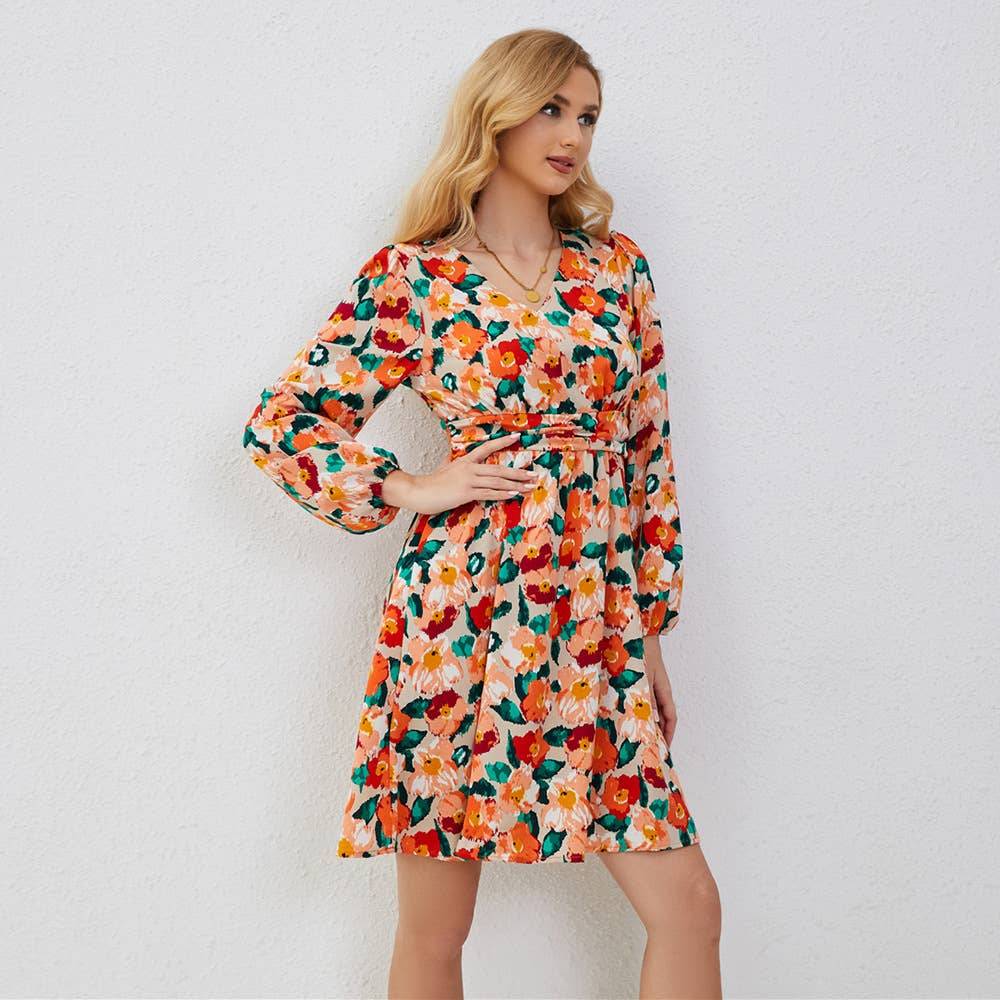 V-neck print elegant long-sleeved dress