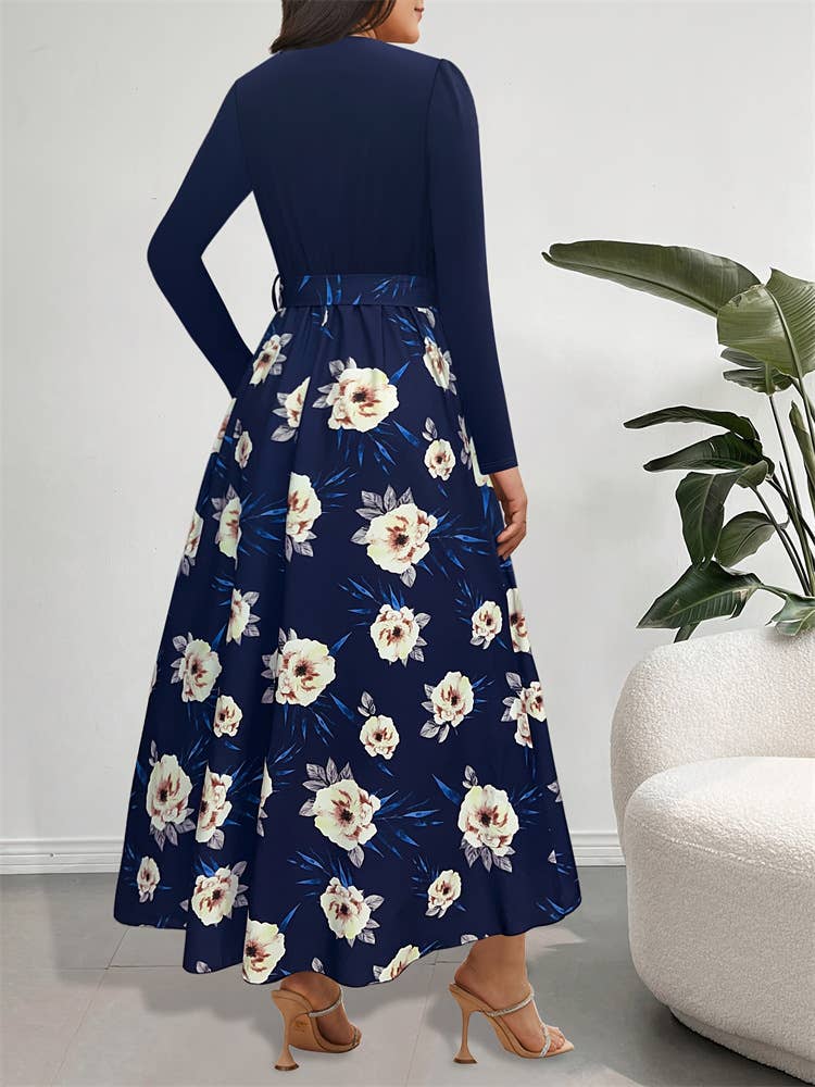 Irregular knitted dress with belt and crew neck