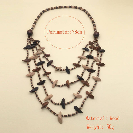 GEOMETRIC WOODEN BEADED LAYERED NECKLACE