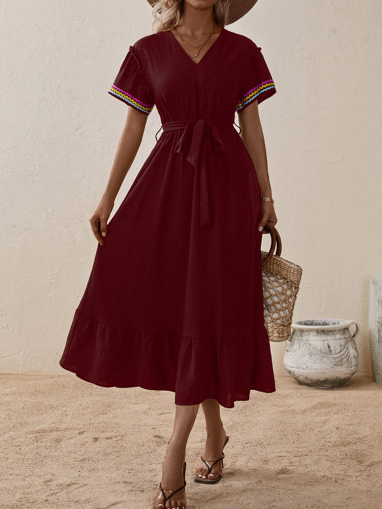 V-neck short sleeve lace-up mid-length dress