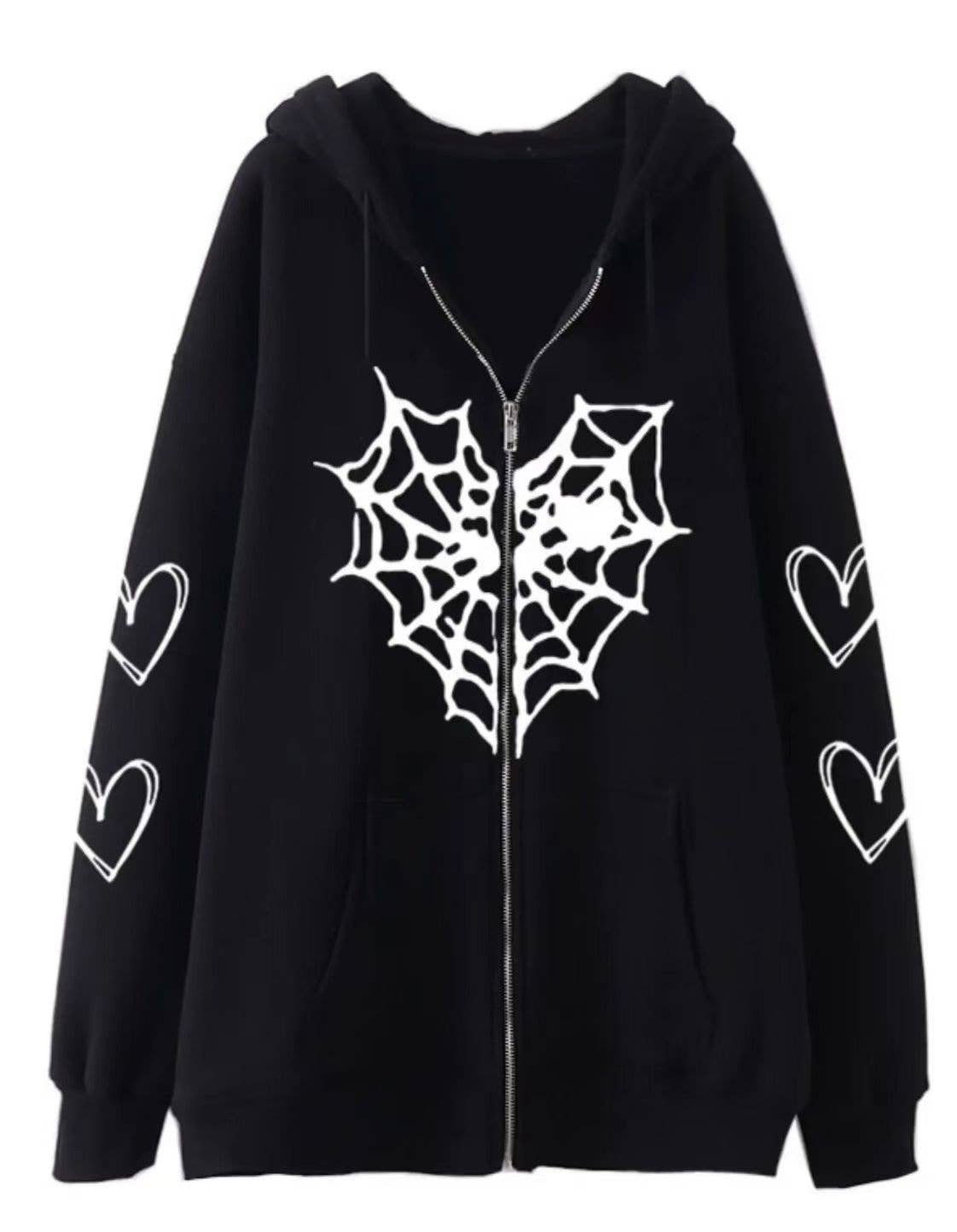 SPIDER WEB HEART ZIPPER FLEECE HOODED CARDIGAN