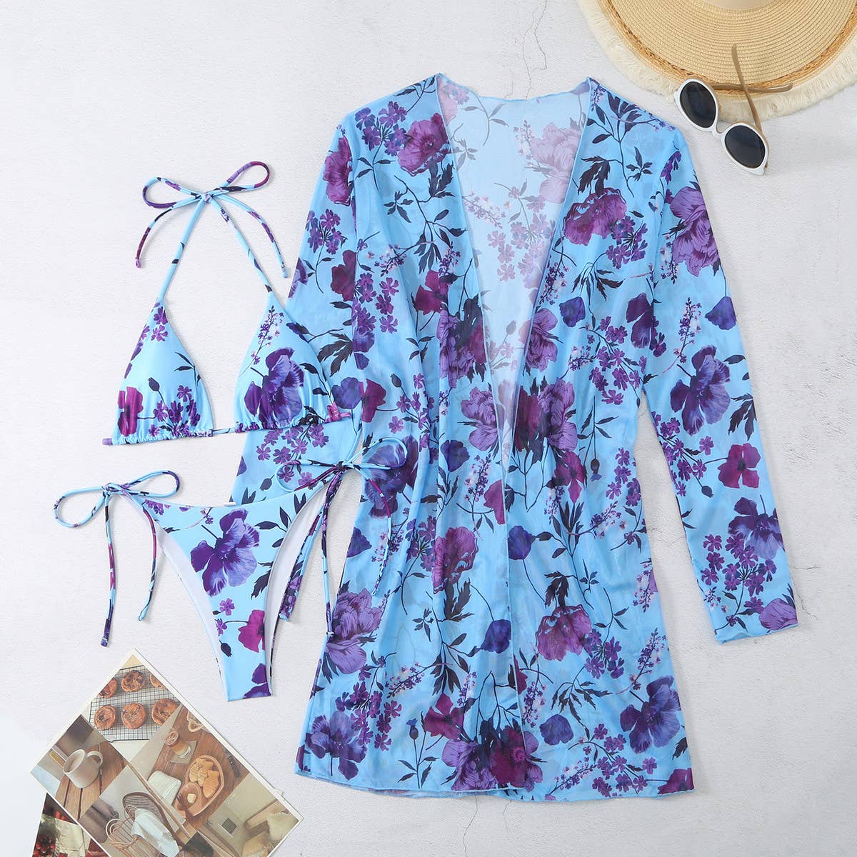 Floral Print Cover-Up Bikini 3Pcs/Set Swimsuit