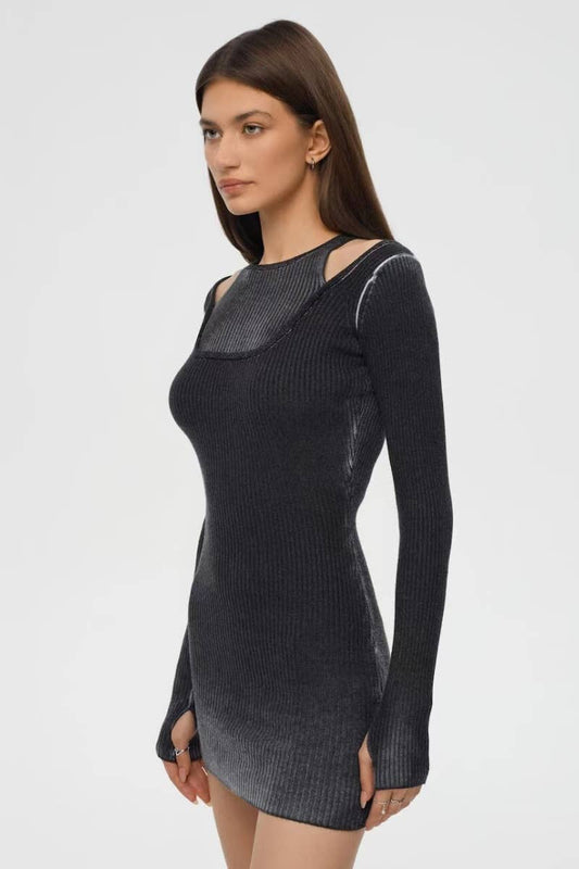 CWDSD6267_HOLLOW-OUT LONG-SLEEVED HIP WRAP DRESS SHORT