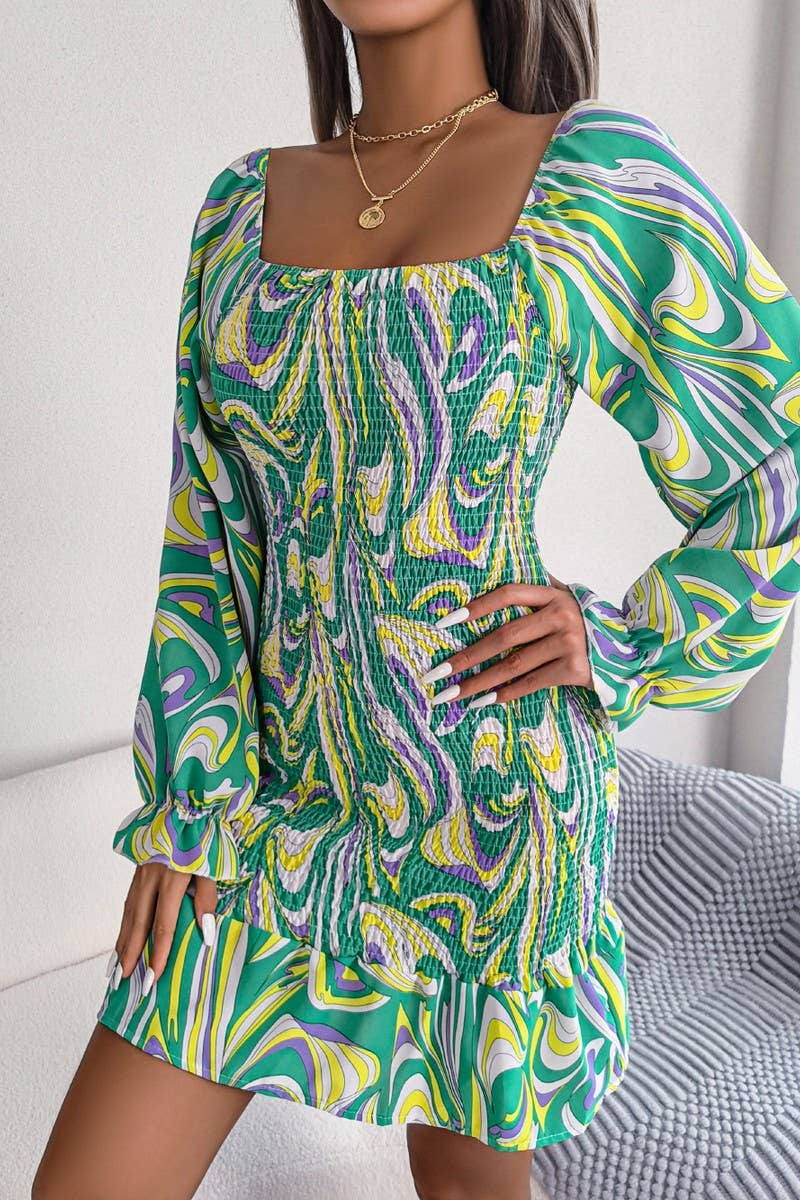 CWDMD4717_SEXY SQUARE NECK LONG SLEEVE RUFFLED HIP DRESS