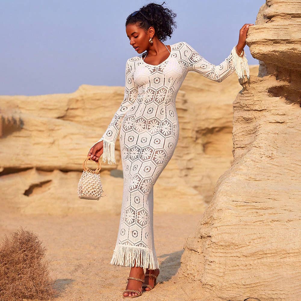 Hollow-out stitching tassel temperament dress