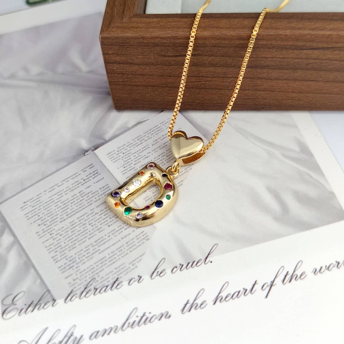 Colorful Zirconia Heart Letter Pendant Necklace