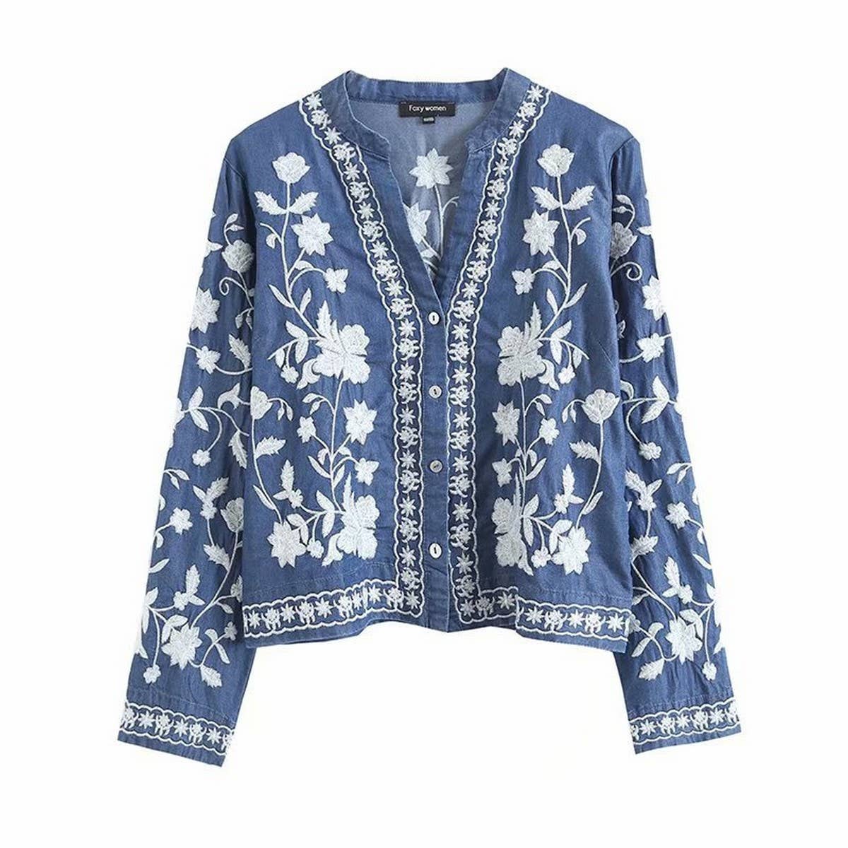FLORAL EMBROIDERED V-NECK BUTTON SHIRT TOP BLUE