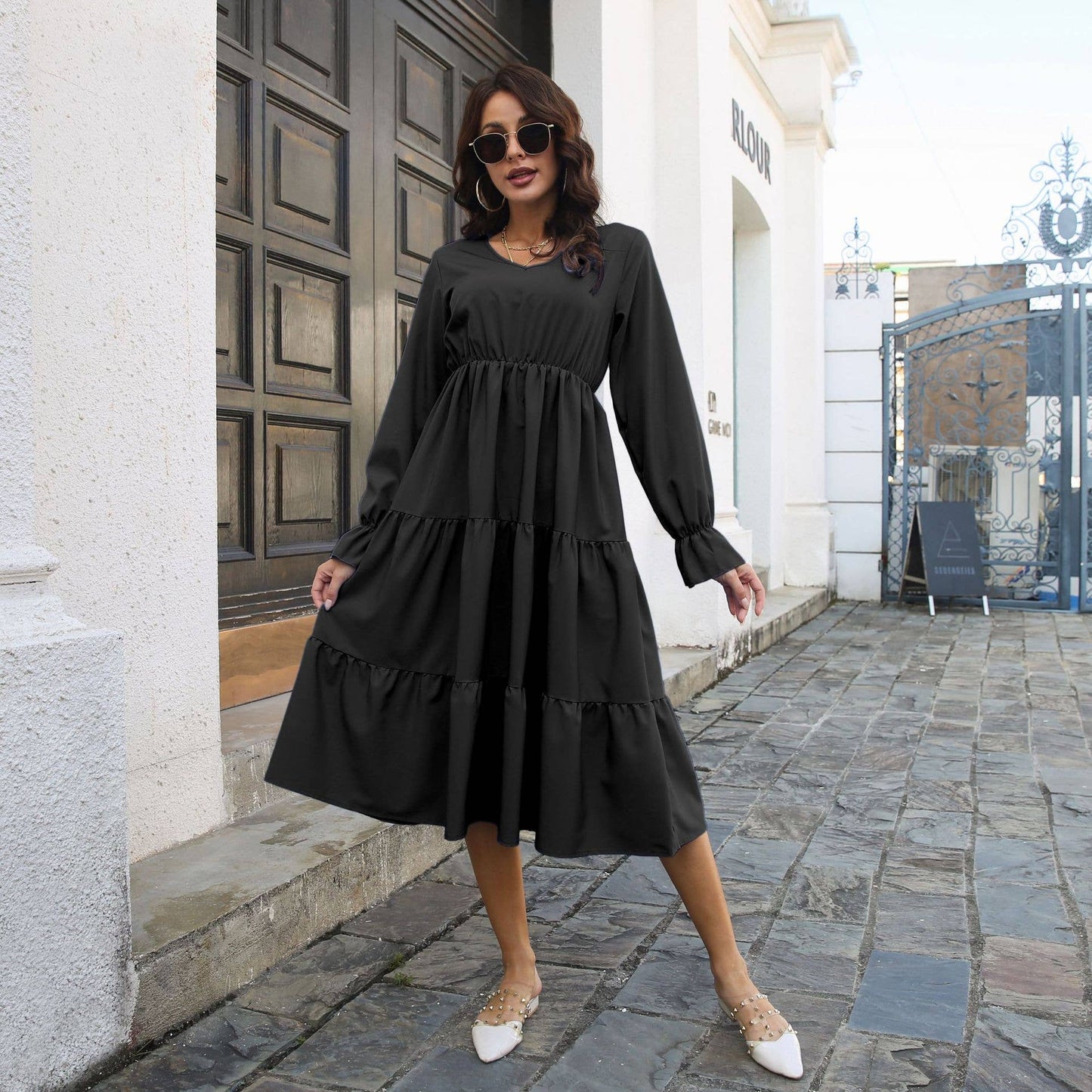 V-NECK LAYERED FLARED SLEEVES LONG-SLEEVED DRESS