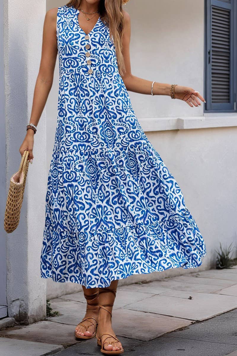 CWDMD4491_V-NECK PRINTED BUTTON SLEEVELESS DRESS