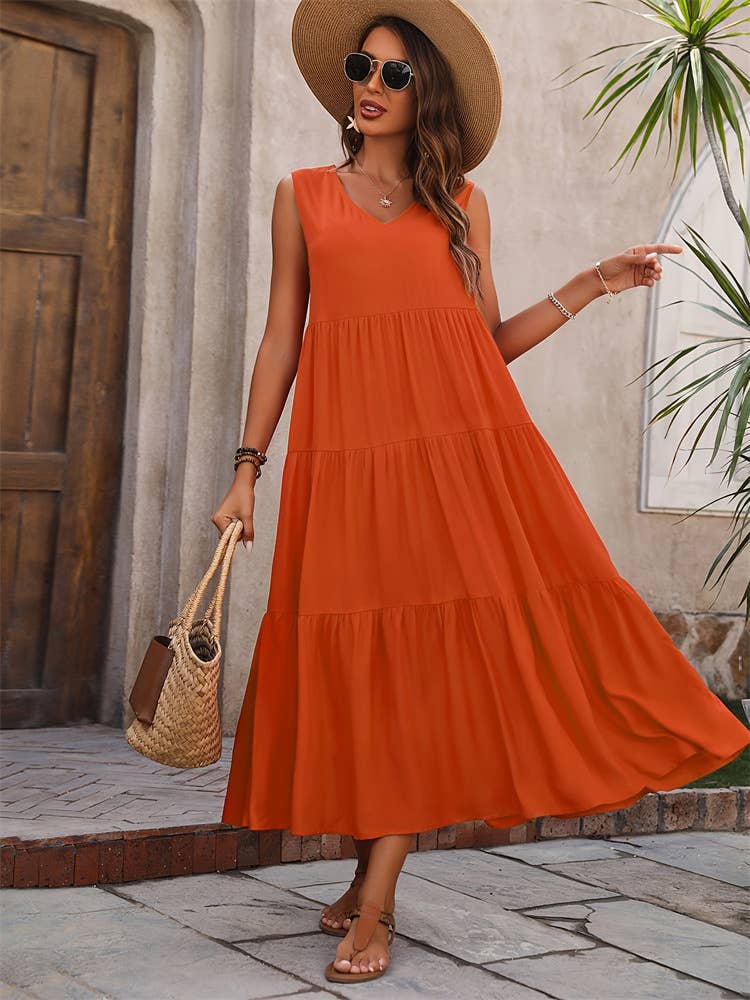 V-NECK TIERED PATCHWORK HEM LOOSE DRESS