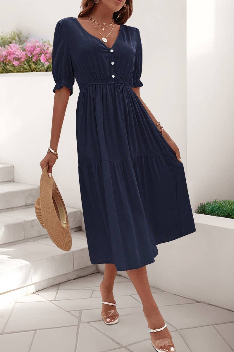 CWDMD5783_CASUAL RUCHED PUFF SLEEVE V-NECK SOLID DRESS