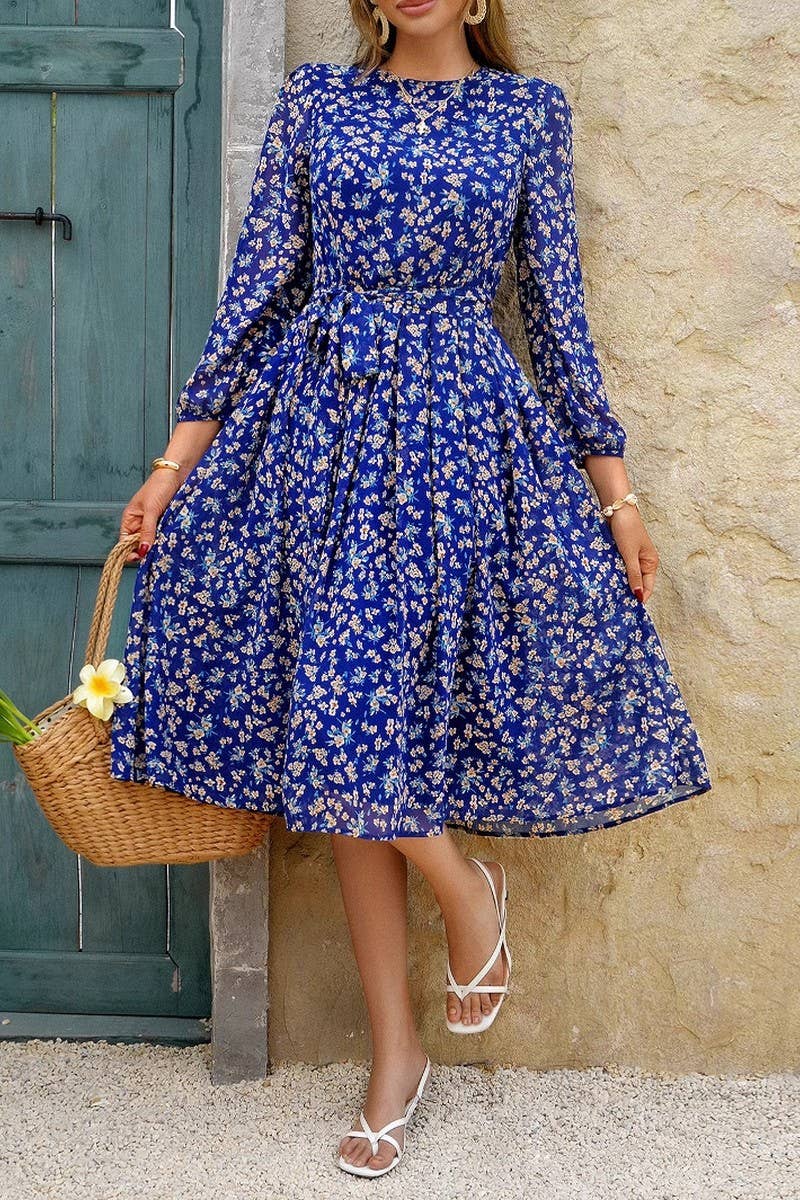 CWDMD5339_HOLIDAY CASUAL STYLE FLORAL TIE WAIST DRESS