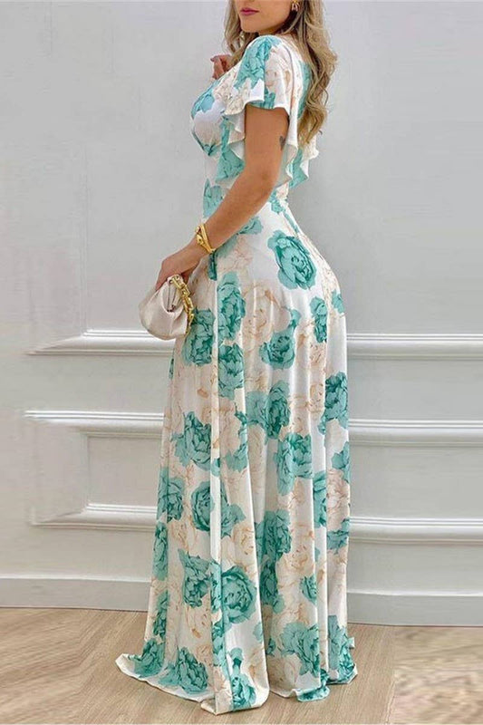 CWDMD5753_V-NECK SEXY LOTUS LEAF SLEEVES PRINTED SWING DRESS