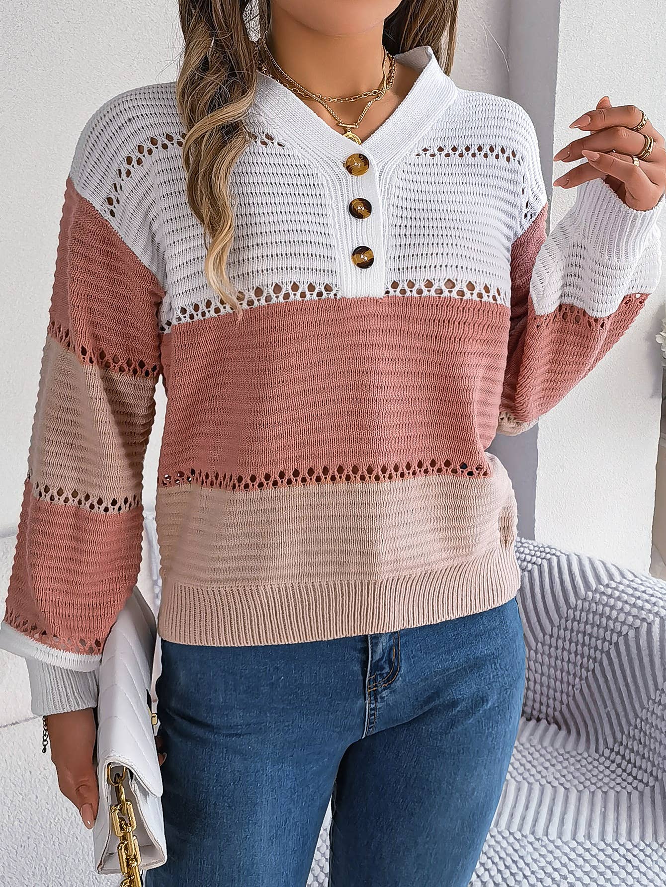 V-neck color-blocked lantern sleeve sweater