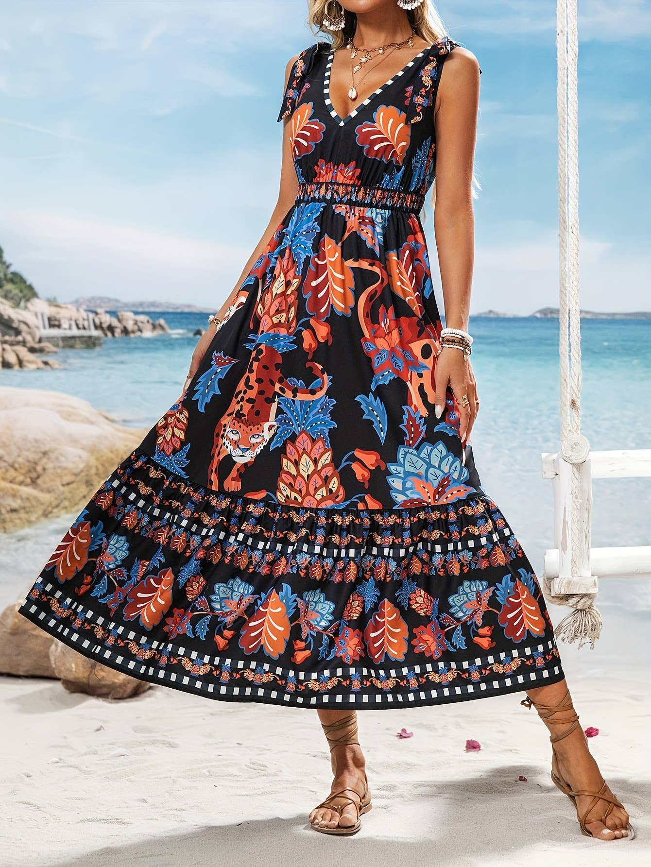 Loose V-neck short-sleeved printed casual dress