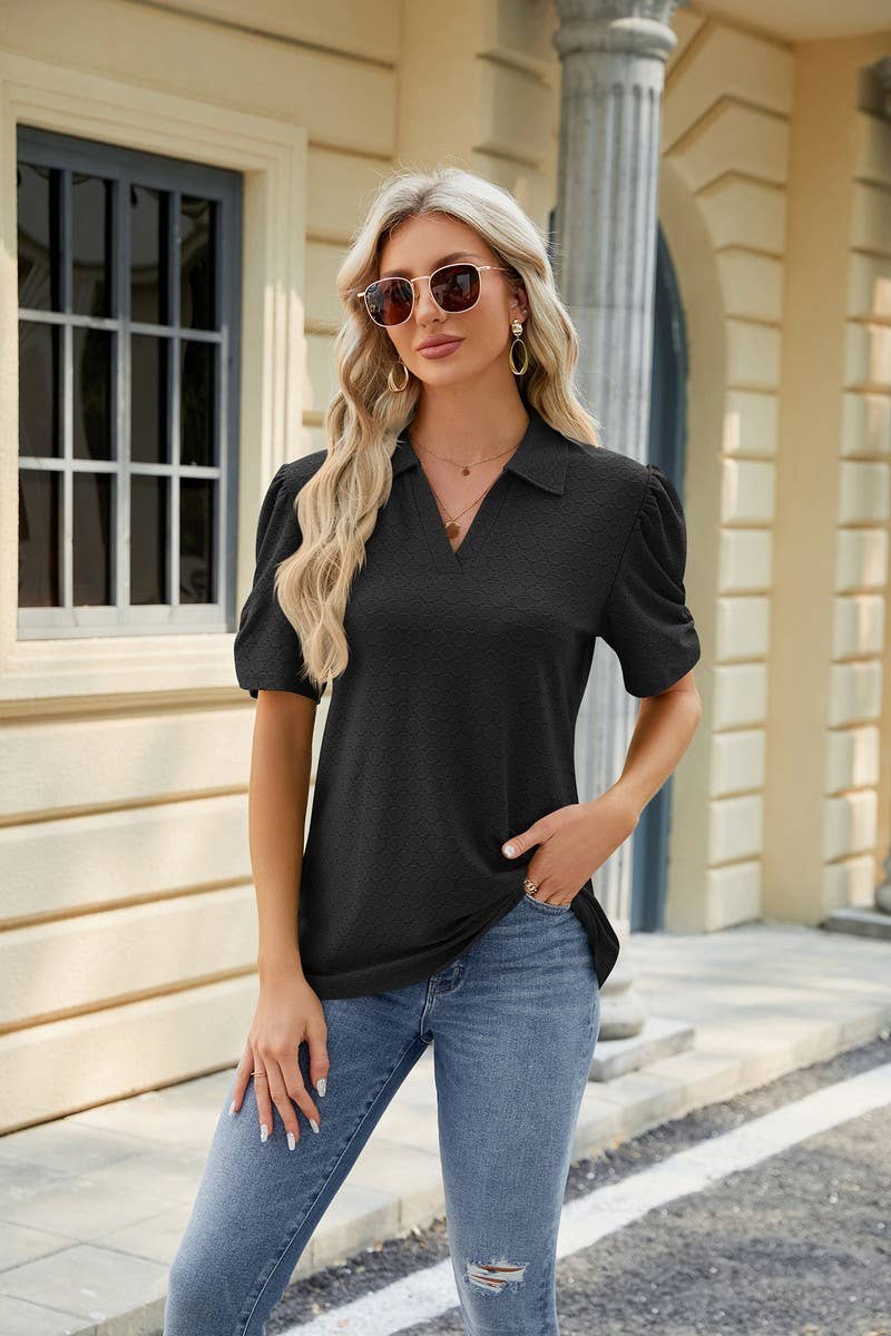 LAPEL SHORT SLEEVE CIRCLE CASUAL T SHIRT_CWTSTS0282