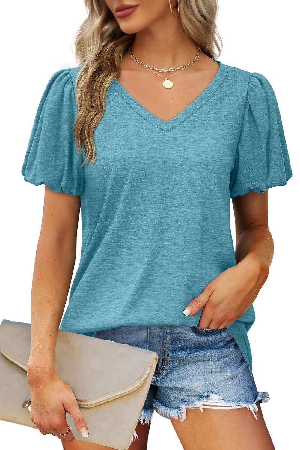 V-NECK LANTERN SLEEVE SOLID SHORT-SLEEVED TOP
