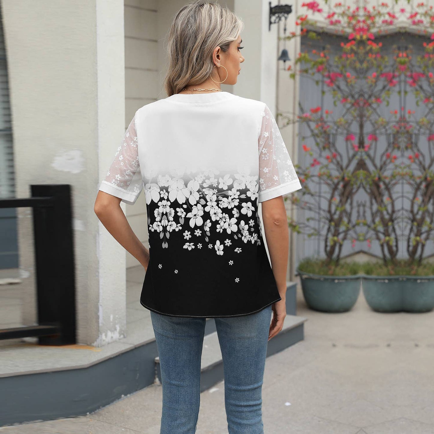 V-neck printed chiffon top with lace sleeves