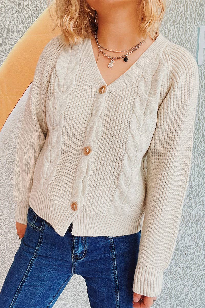 V-neck thick needle hemp flower short cardigan