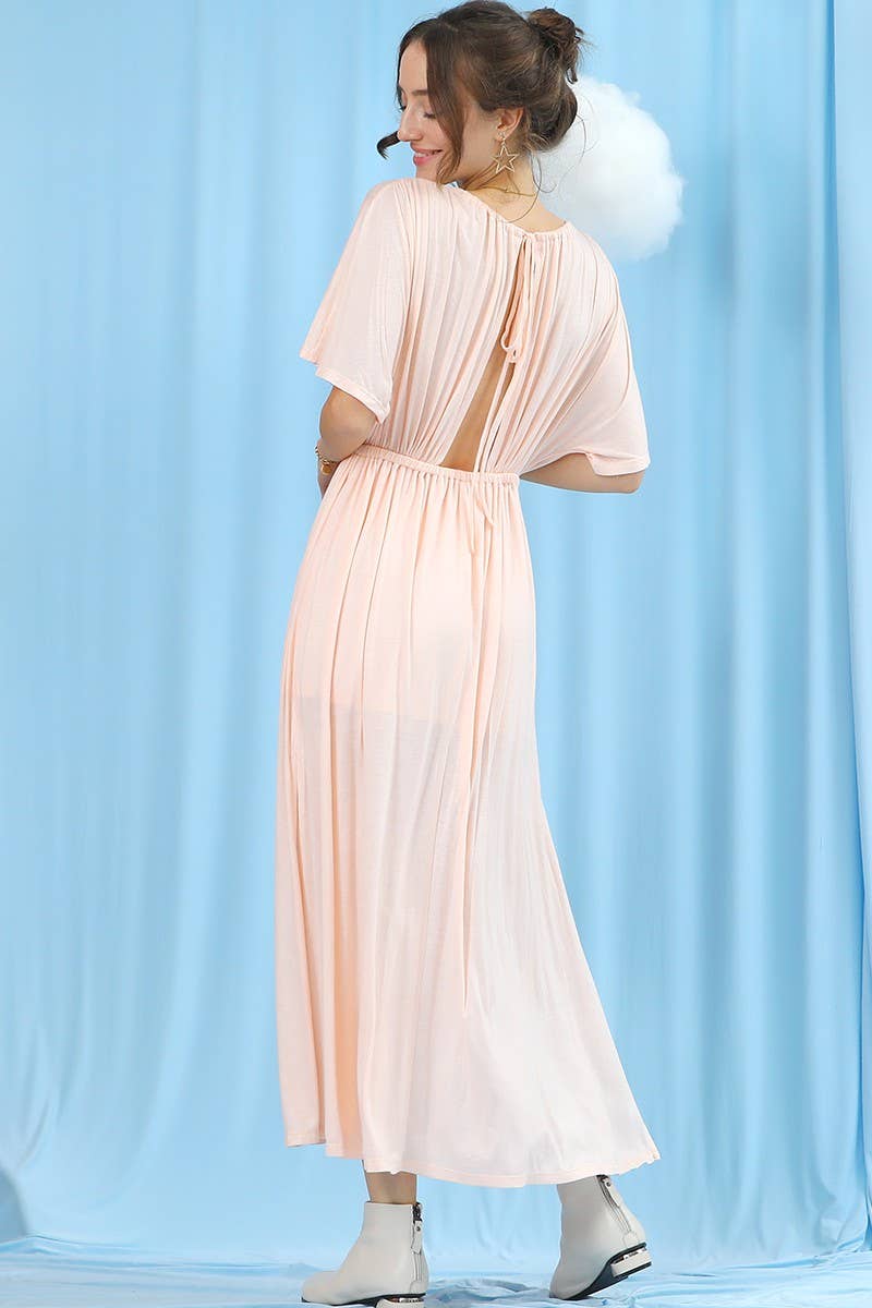 CWDMD825_V NECK BACK BOW TIE EMPIRE MAXI DRESS