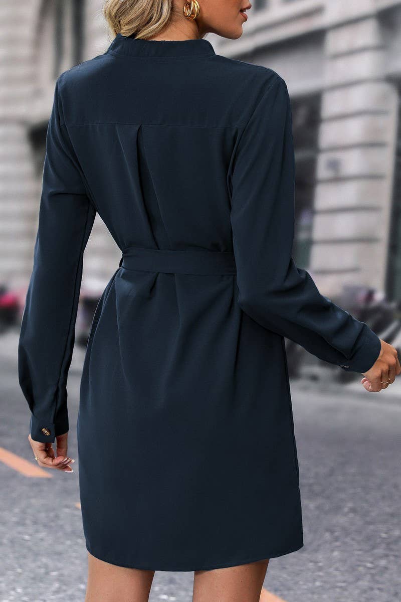CWDSD5910_SOLID COLOR BUTTON TIE LONG SLEEVE DRESS