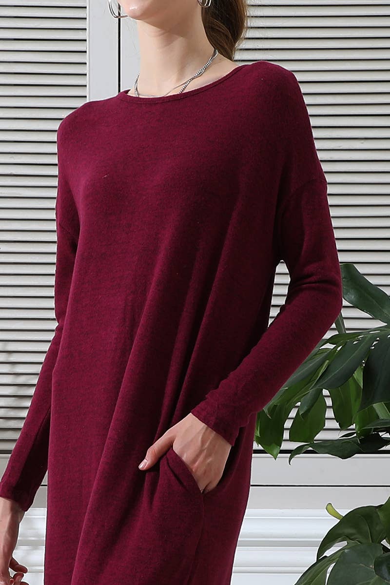 CWDMD546_ROUND NECK SOFT AND WARM SWEATER KNIT TUNIC DRESS