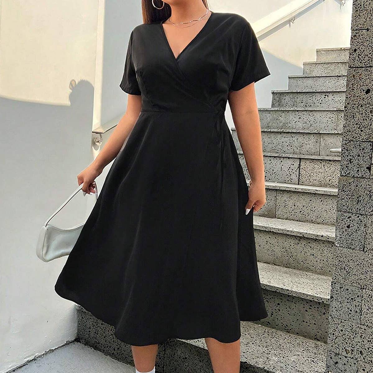 Women's V Neck Split Midi Dress ? Solid Color