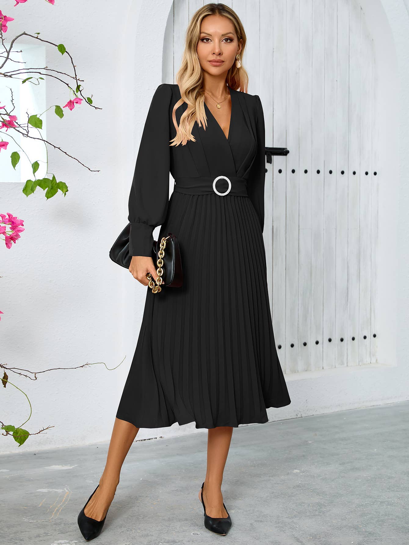 V-neck fashion,slimming elegant pleated dress