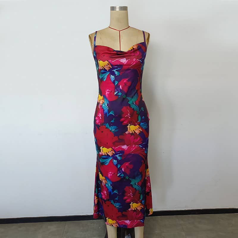 Sexy Floral Low-Cut Bodycon Maxi Dress