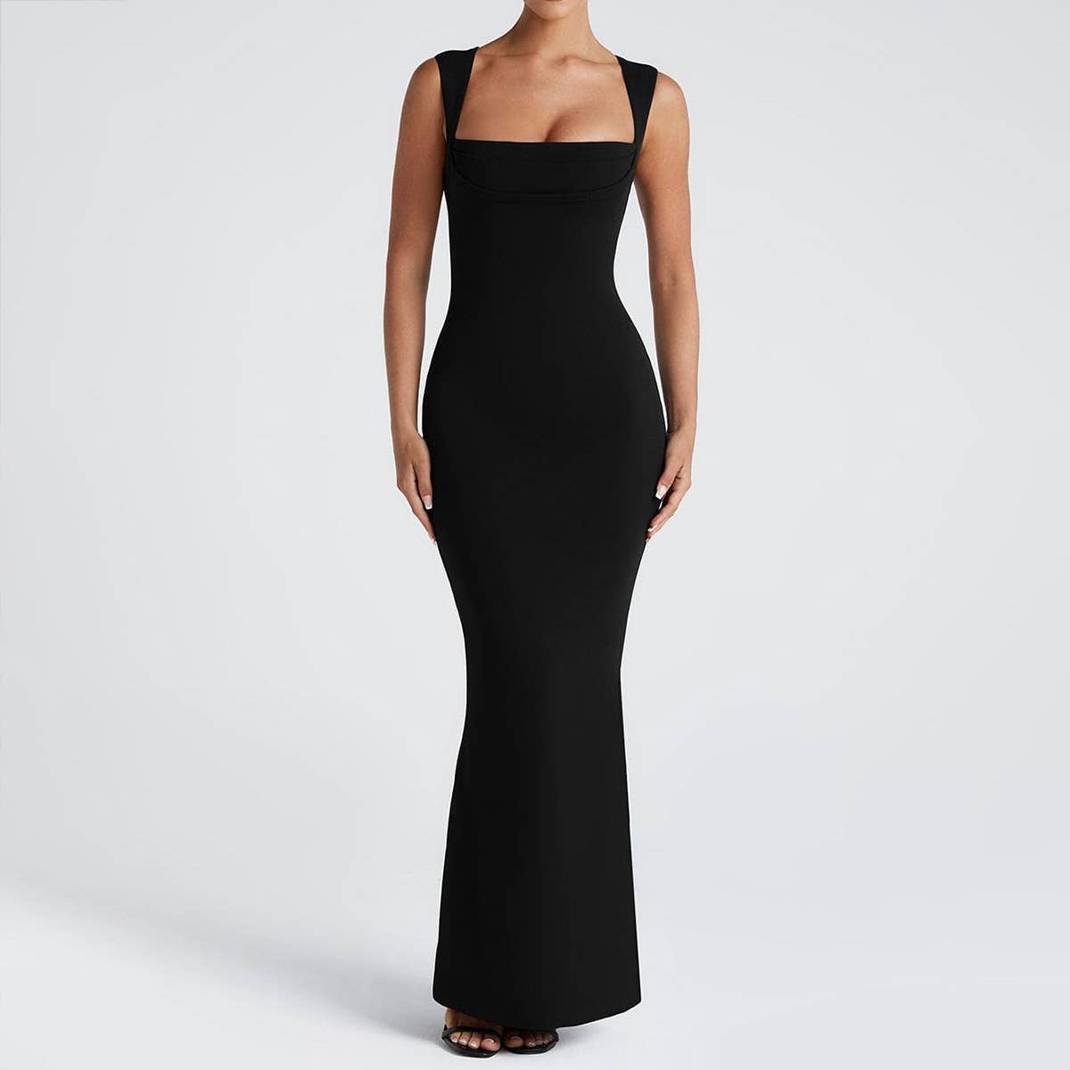 Square collar solid color bag hip long dress