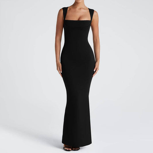 Square collar solid color bag hip long dress