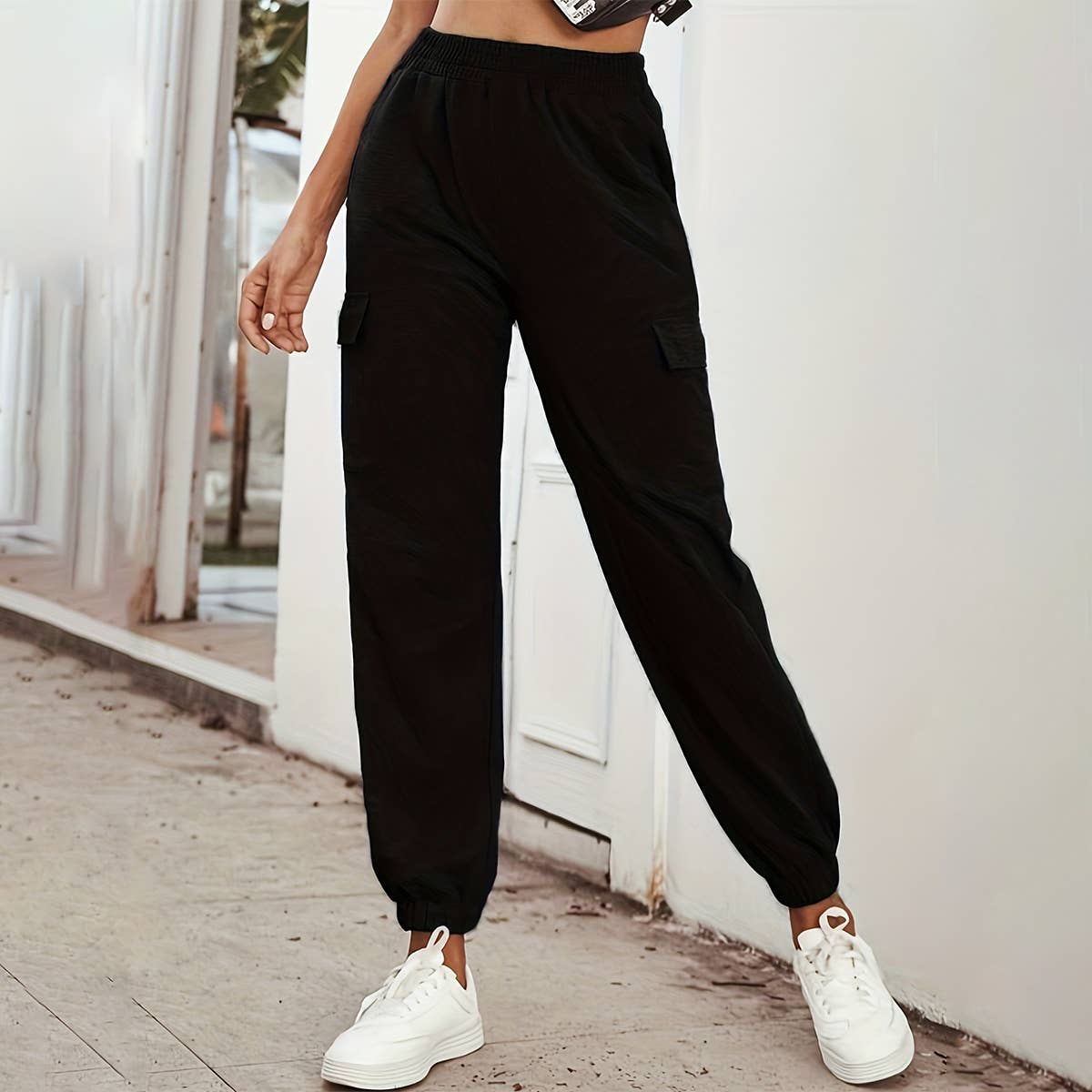 SPORT SOLID COLOR HIGH-WAISTED POCKET LEG PANTS