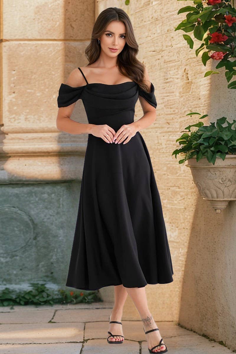 CWDMD6139_RUCHED SPAGHETTI STRAP A-LINE BODYCON DRESS