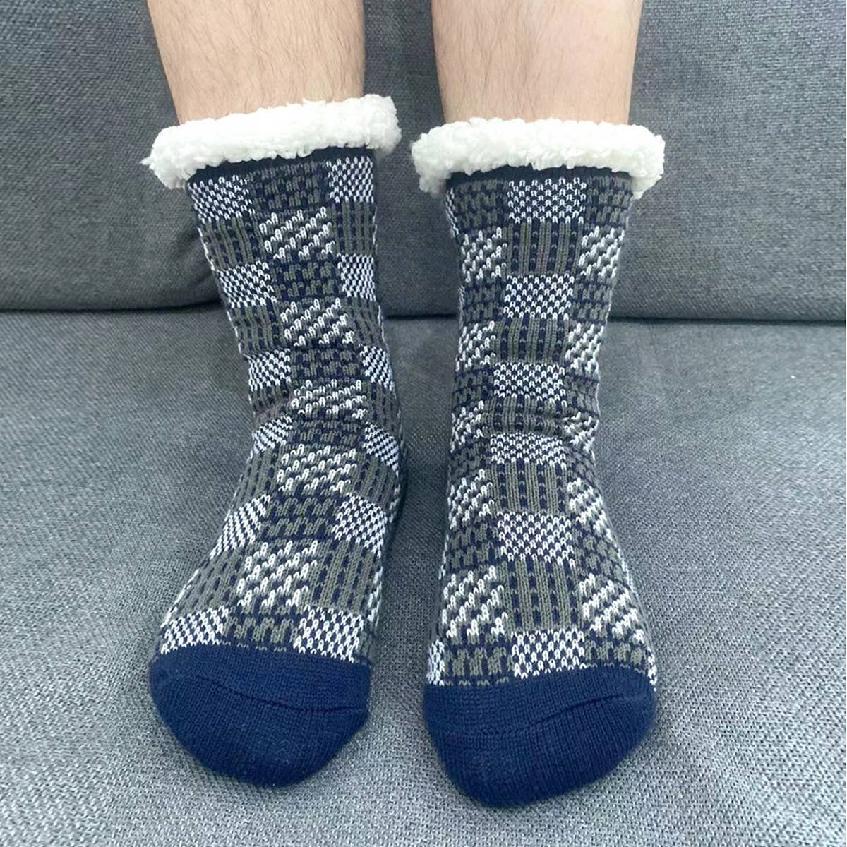 MEN KNITTED PLAID PLUSH INDOOR SLIPPERS