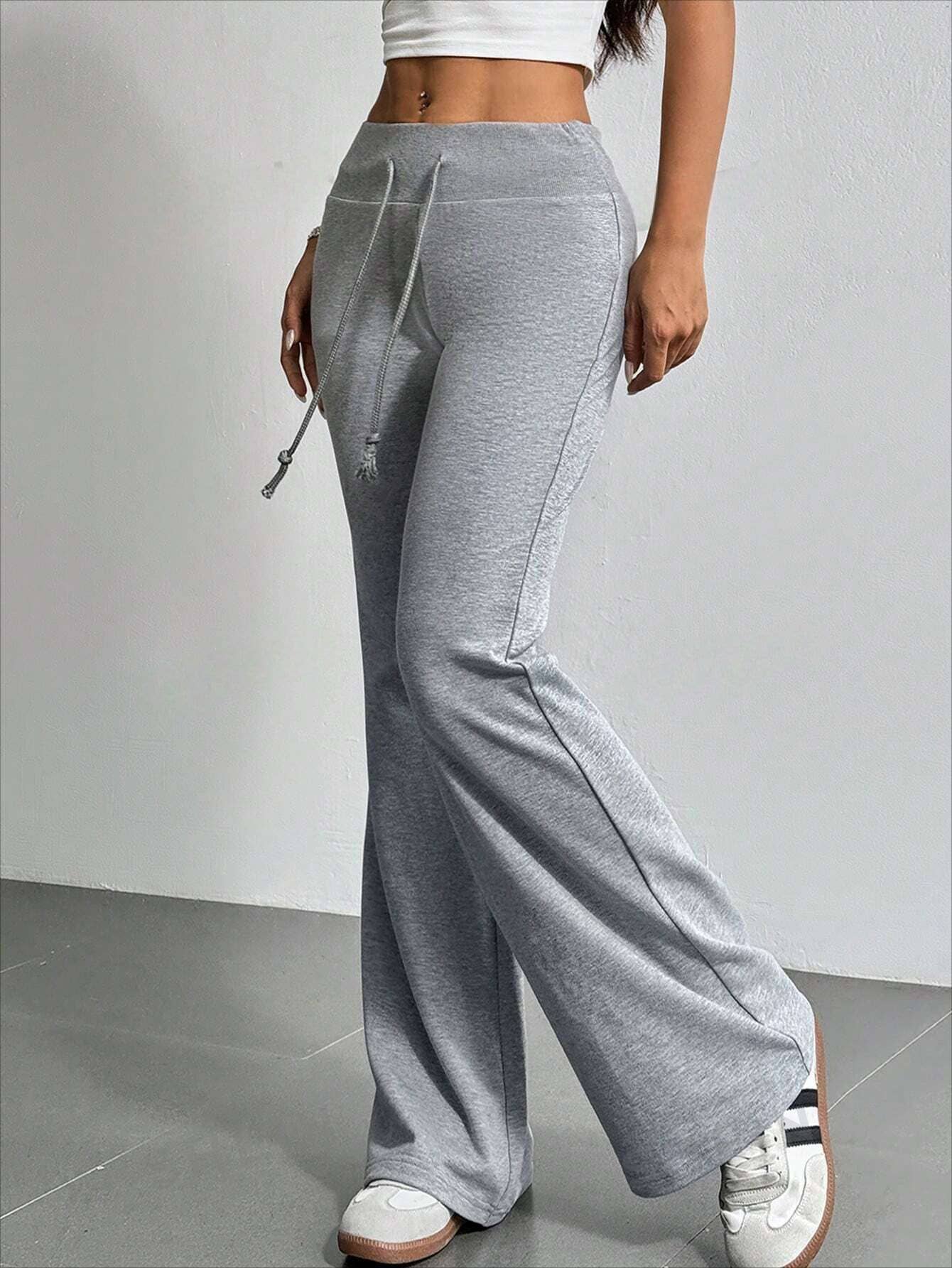 DRAWSTRING HIGH-WAISTED SOLID COLOR BELL BOTTOMS