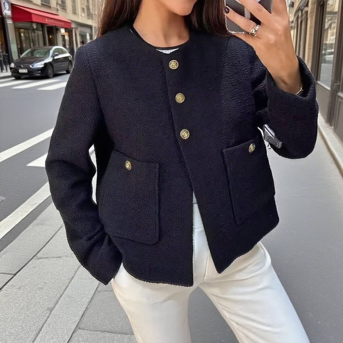 Solid-color textured casual chanel-style coat