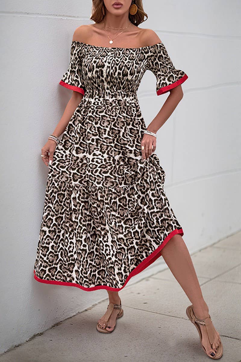CWDMD4951_RUFFLE LEOPARD PRINT OFF-SHOULDER MIDI DRESS