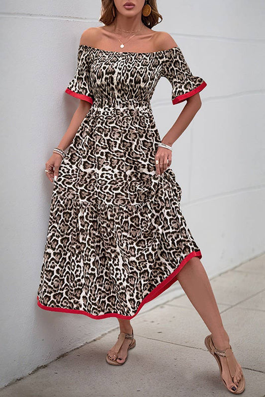 CWDMD4951_RUFFLE LEOPARD PRINT OFF-SHOULDER MIDI DRESS