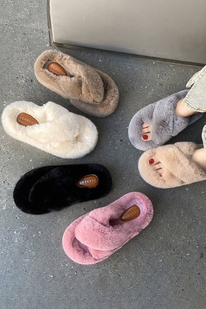 THICK SOLE CROSS STRAP FLUFFY BEDROOM SLIPPERS