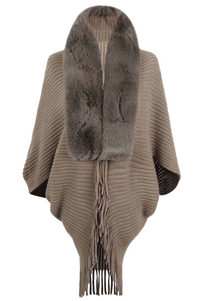 CWOCAS0010 Shawl Wrap Faux Fur Cape Cardigan Sweater